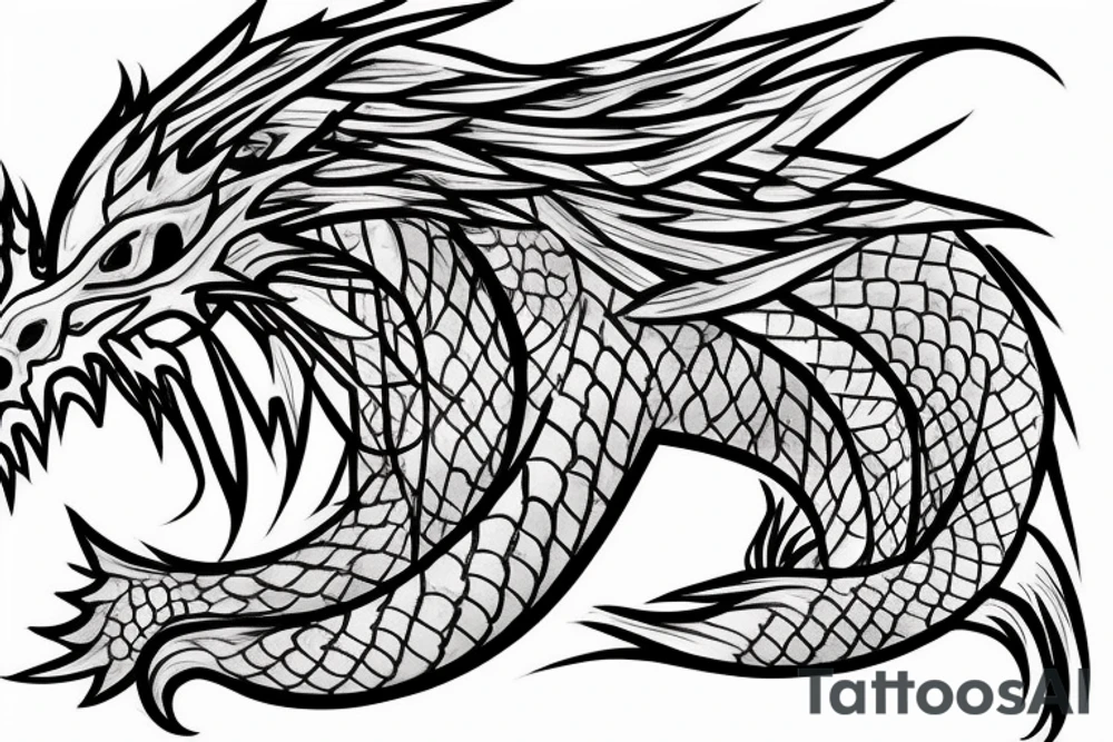 Dragon spitting flames drawn with mostly lines to go on my shin tattoo idea