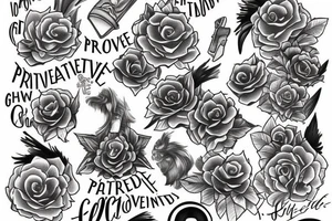 Thigh Tattoo that incorporated the phrases: "Delayed Gratification", "Perseverance" tattoo idea
