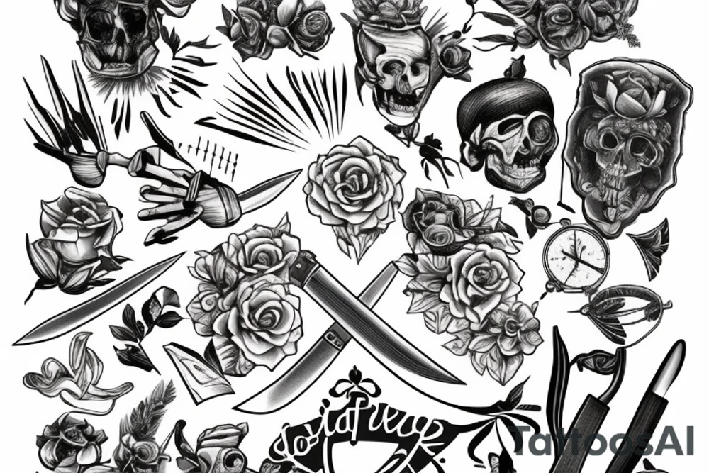 Knife Tattoo that incorporated the phrases: "Delayed Gratification", "Perseverance" tattoo idea