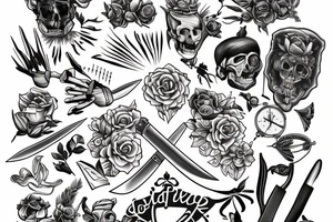 Knife Tattoo that incorporated the phrases: "Delayed Gratification", "Perseverance" tattoo idea