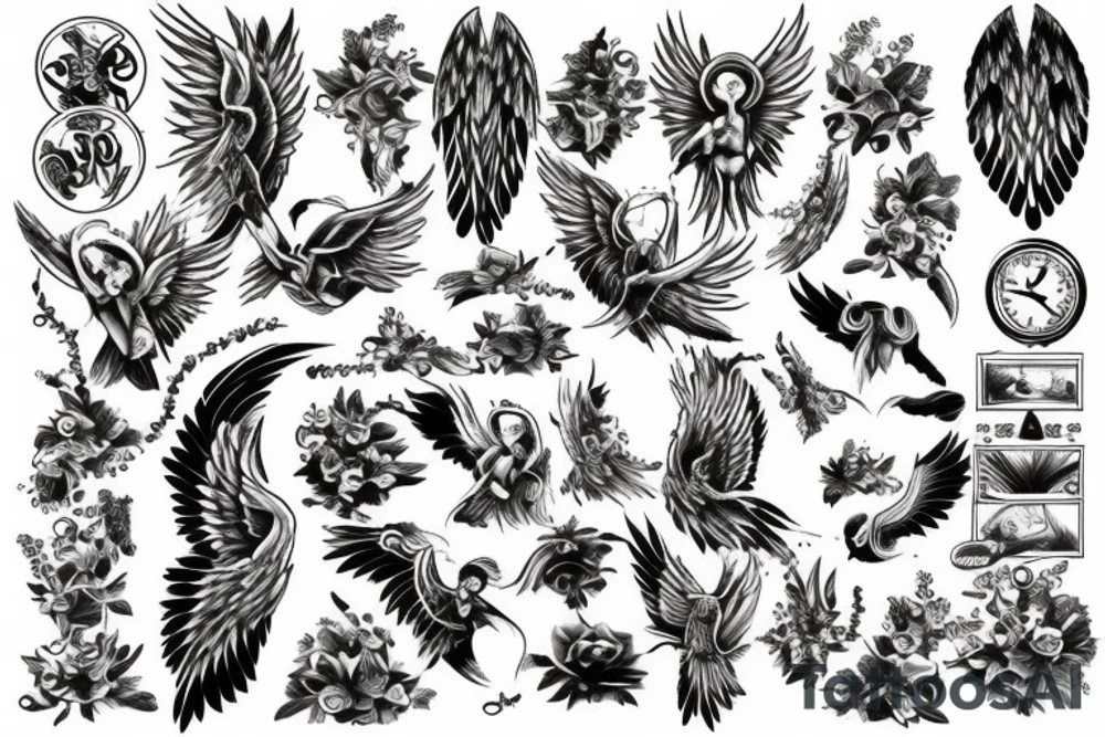 Angel style busy background tattoo idea