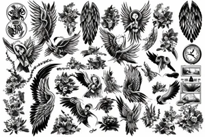 Angel style busy background tattoo idea