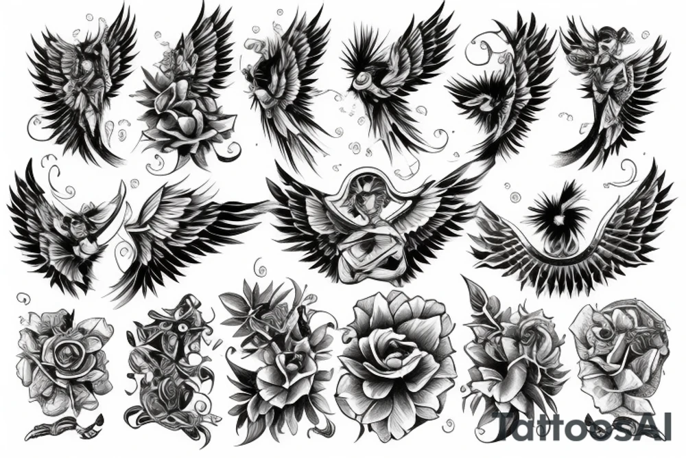 Angel style busy background tattoo idea