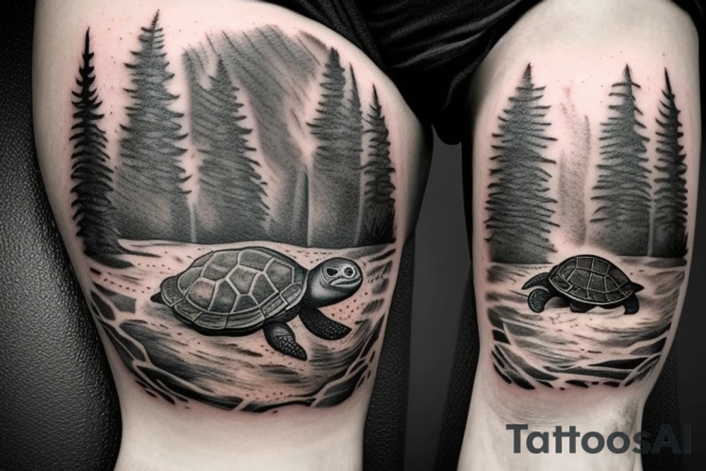 The turtle crawls towards the light through the dark forest tattoo idea