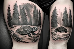 The turtle crawls towards the light through the dark forest tattoo idea