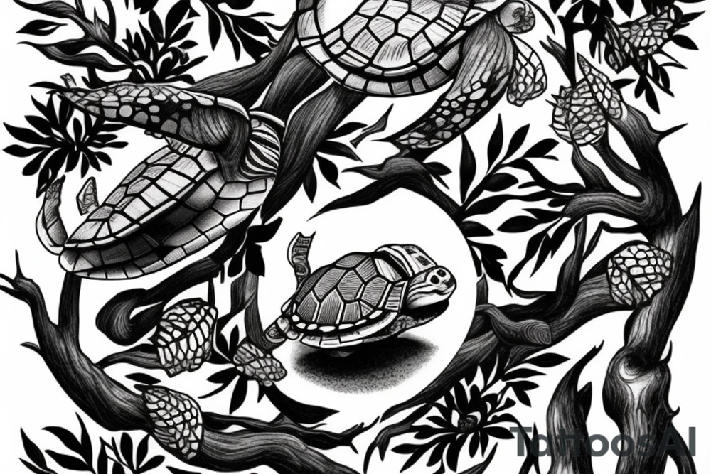 The turtle crawls towards the light through the dark forest tattoo idea