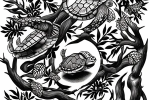 The turtle crawls towards the light through the dark forest tattoo idea