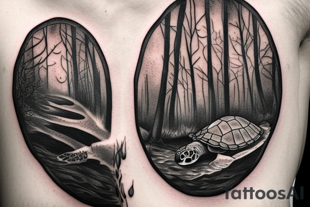 The turtle crawls towards the light through the dark forest tattoo idea