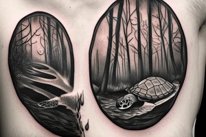 The turtle crawls towards the light through the dark forest tattoo idea