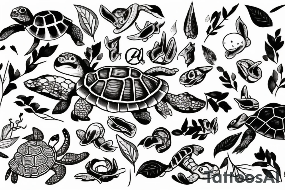 The turtle crawls towards the light through the dark forest tattoo idea