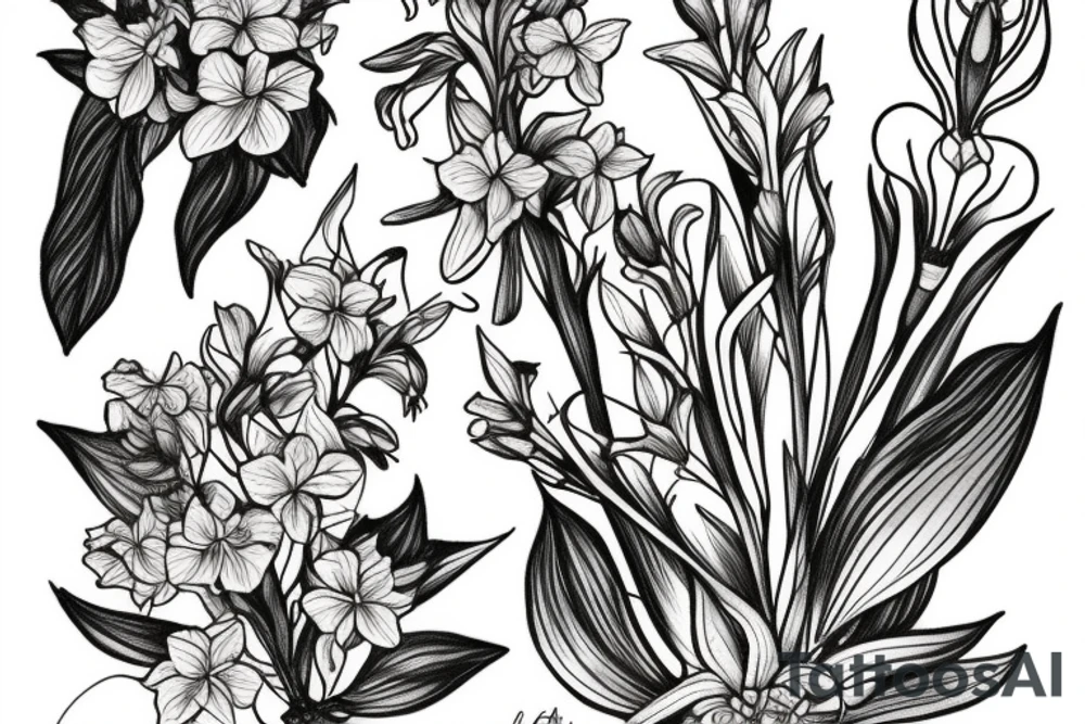 bouquet of honeysuckle,
delphinium, gladiolus and tattoo idea