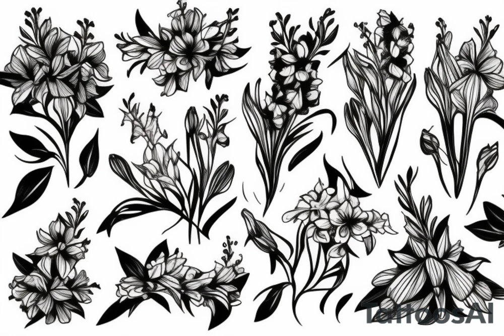 bouquet of honeysuckle,
delphinium, gladiolus and tattoo idea