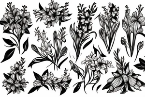 bouquet of honeysuckle, 
delphinium, gladiolus and tattoo idea
