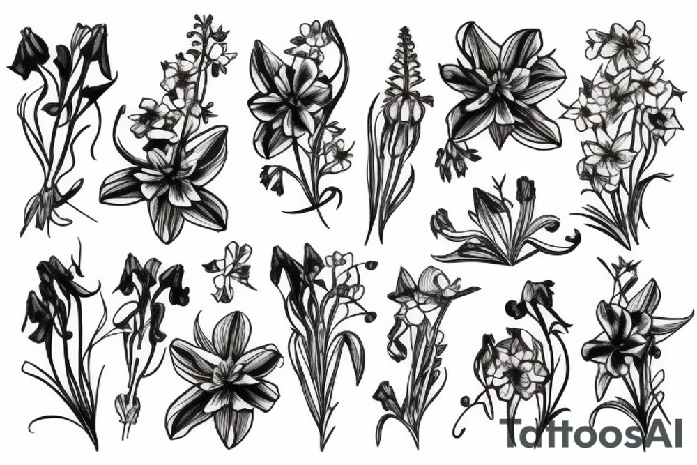 bouquet of honeysuckle,
delphinium, gladiolus and cosmos tattoo idea