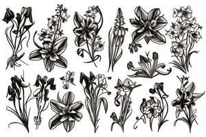 bouquet of honeysuckle, 
delphinium, gladiolus and cosmos tattoo idea