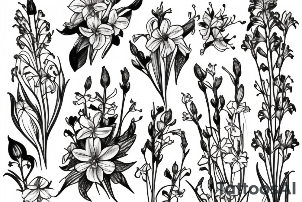 bouquet of honeysuckle,
delphinium, gladiolus and cosmos tattoo idea