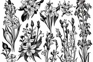 bouquet of honeysuckle, 
delphinium, gladiolus and cosmos tattoo idea