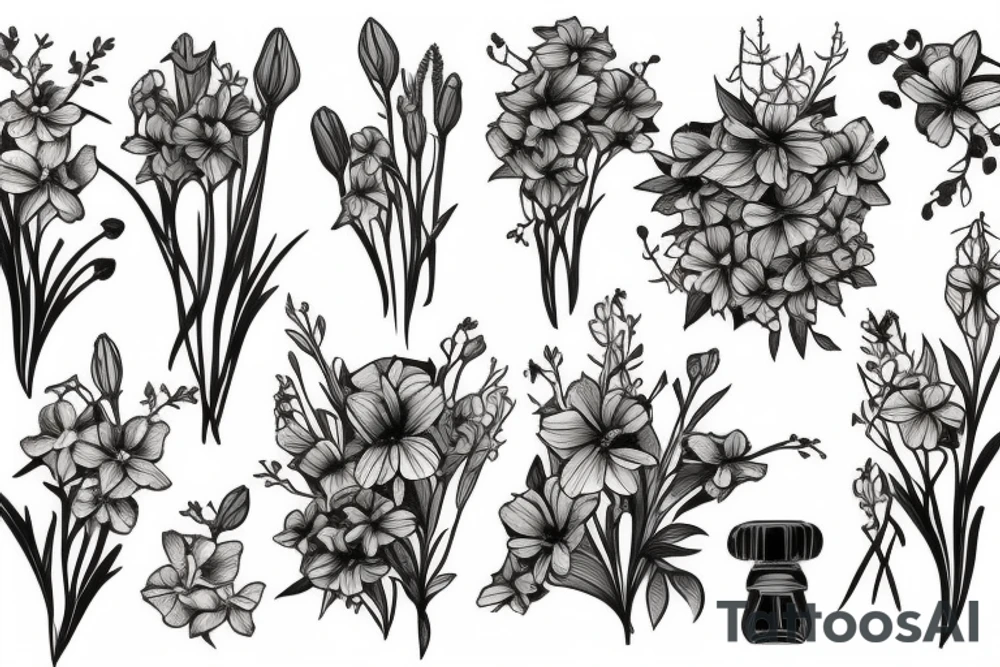 bouquet of honeysuckle,
delphinium, gladiolus and cosmos tattoo idea