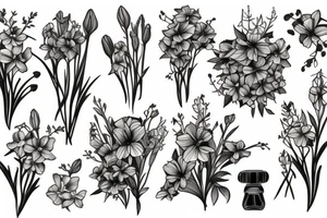 bouquet of honeysuckle, 
delphinium, gladiolus and cosmos tattoo idea