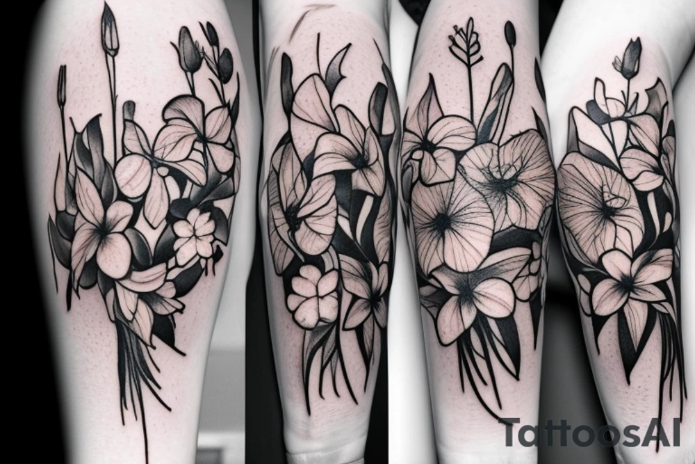 bouquet of honeysuckle,
delphinium, gladiolus and cosmos tattoo idea
