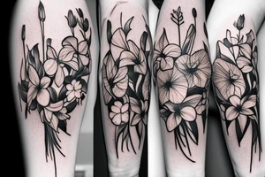 bouquet of honeysuckle, 
delphinium, gladiolus and cosmos tattoo idea
