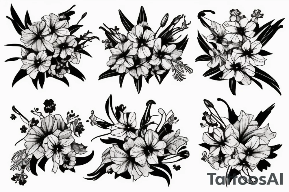 bouquet of honeysuckle,
delphinium, gladiolus and cosmos tattoo idea