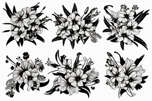 bouquet of honeysuckle, 
delphinium, gladiolus and cosmos tattoo idea