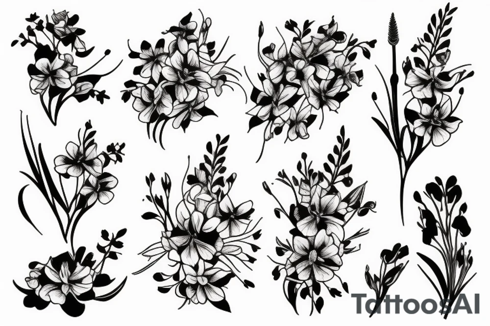 bouquet of honeysuckle,
delphinium, gladiolus and cosmos tattoo idea