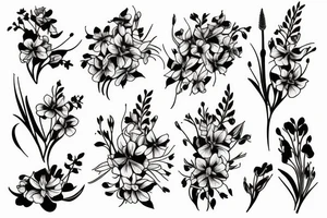 bouquet of honeysuckle, 
delphinium, gladiolus and cosmos tattoo idea