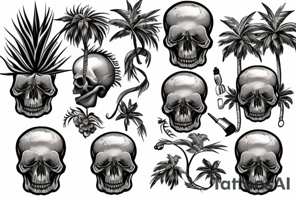 A bar shaker in the form of a skull and palm trees grow out of it tattoo idea