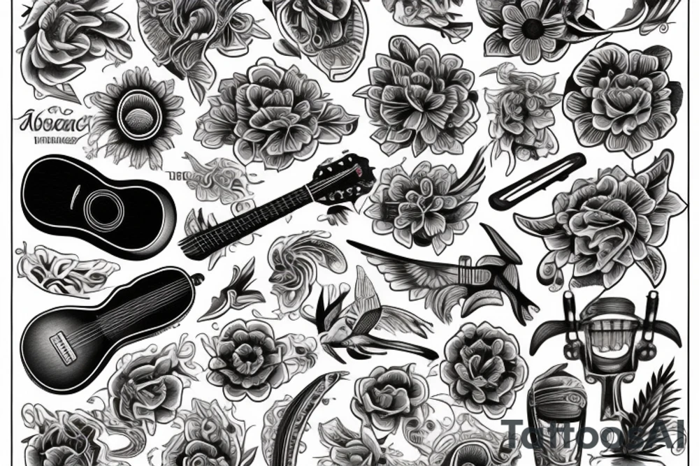 acoustic guitar floral beach traditional tattoo idea