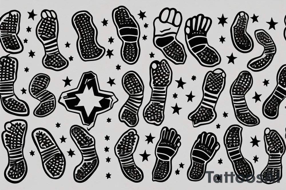 baby footprints, star, star, 2 stars, baby footprints, timeline style tattoo idea