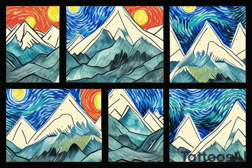 Mountains in an imperfect triangle, colored in van gogh style, located on ribcage area tattoo idea
