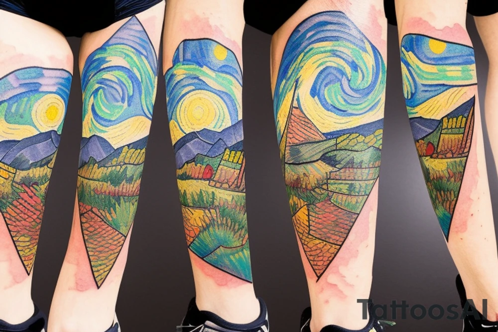 Trail running in an imperfect triangle, colored in van gogh style tattoo idea