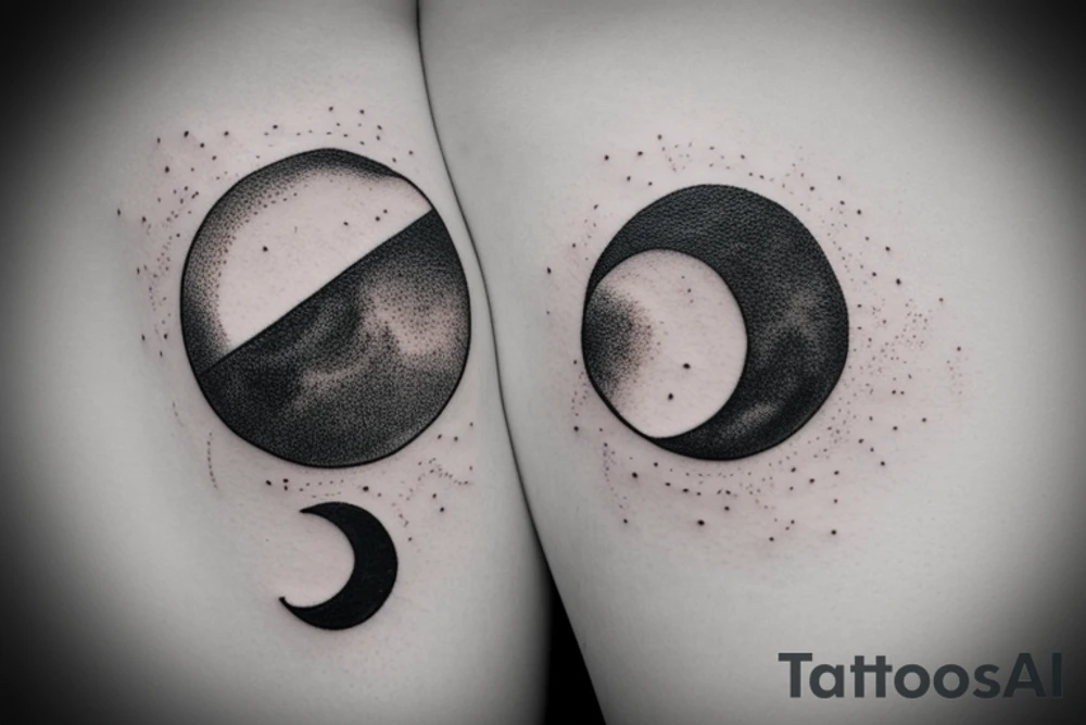Wide half moon in center with dark flowers tattoo idea