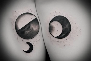 Wide half moon in center with dark flowers tattoo idea