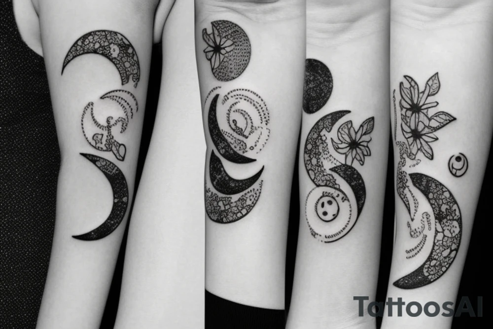Wide half moon in center with dark flowers tattoo idea