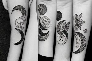 Wide half moon in center with dark flowers tattoo idea