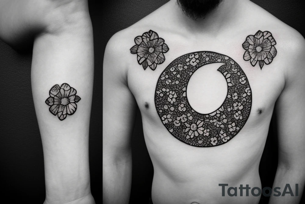 half moon with flowers on the chest tattoo idea