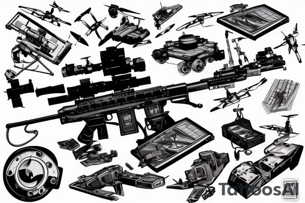 Military M249 gunner with satellite radio and drone in sky tattoo idea