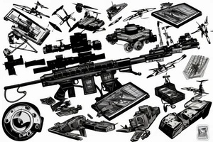 Military M249 gunner with satellite radio and drone in sky tattoo idea