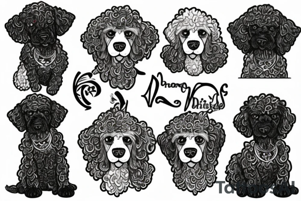 1 white poodle and 3 black poodles tattoo idea