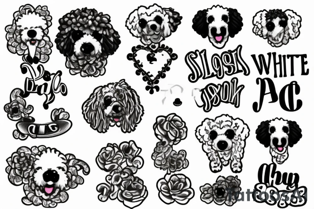 1 white poodle and 3 black poodles tattoo idea