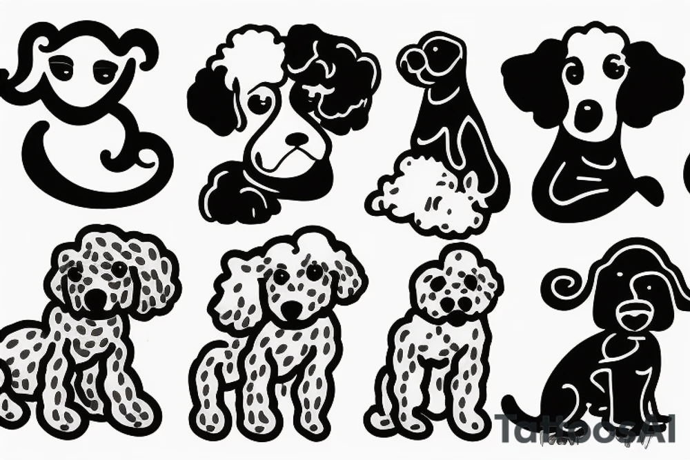 1 white poodle and 3 black poodles tattoo idea