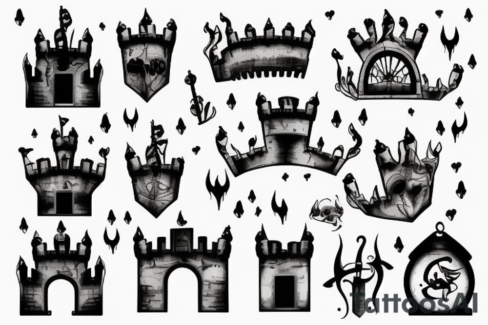 Castle gates on fire and falling apart tattoo idea