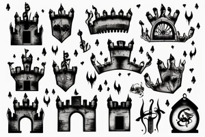 Castle gates on fire and falling apart tattoo idea