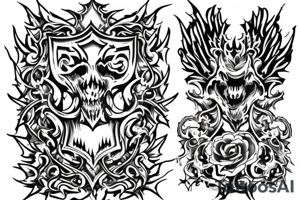 Castle gates on fire and falling apart tattoo idea