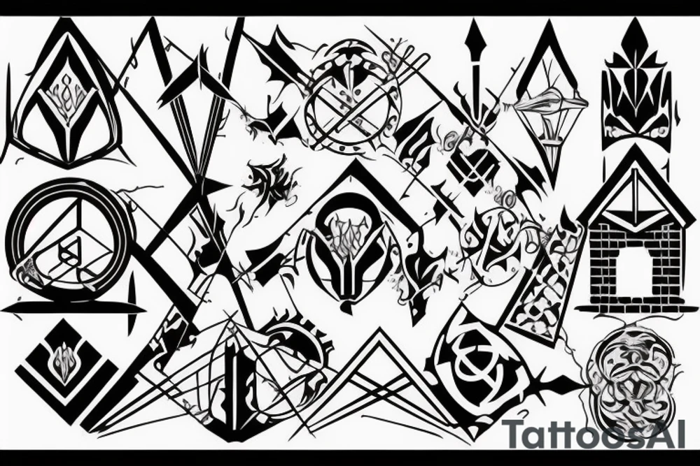 Castle gates on fire and falling apart tattoo idea