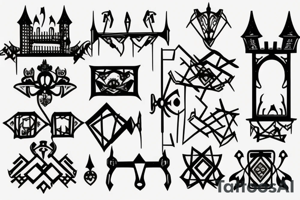 Castle gates on fire and falling apart tattoo idea