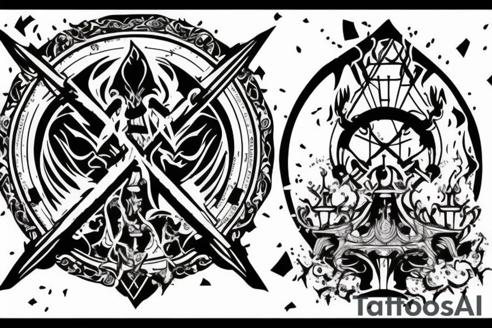 Castle gates on fire and falling apart tattoo idea